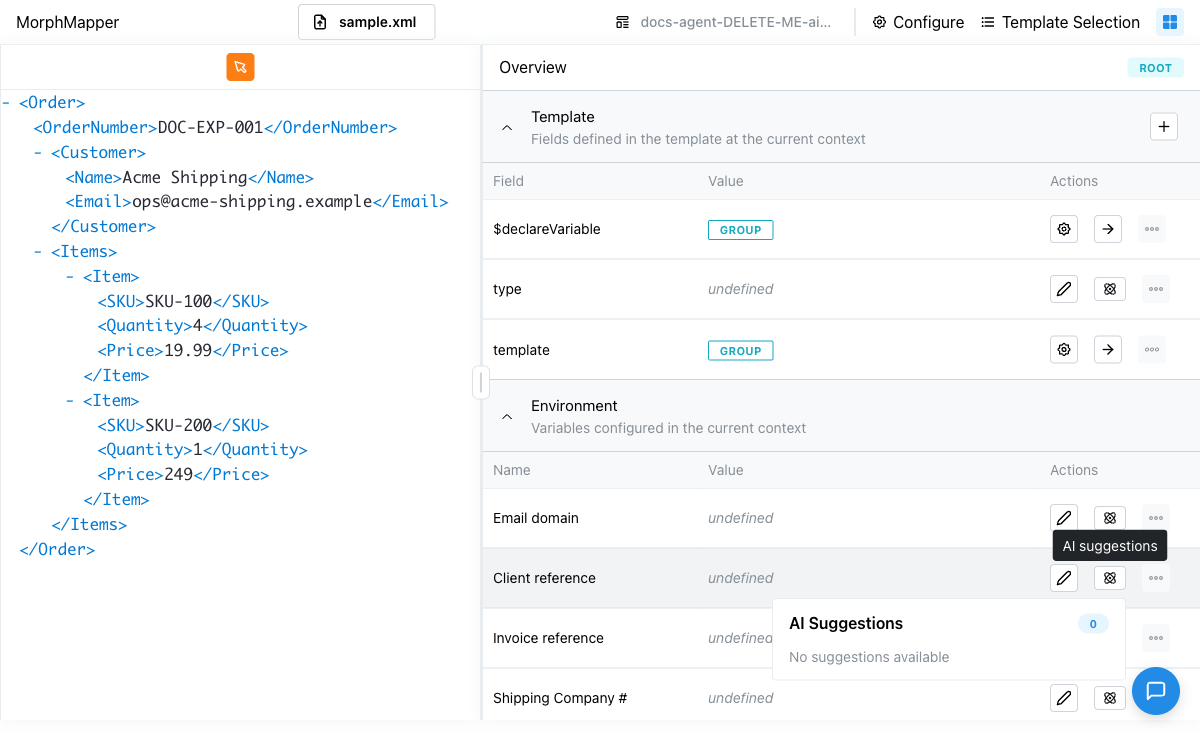 The atom icon next to an entry's Edit button, with its "AI suggestions" tooltip showing, and the AI Suggestions popover open below it — here reporting "No suggestions available" because no plugin is enabled for this template