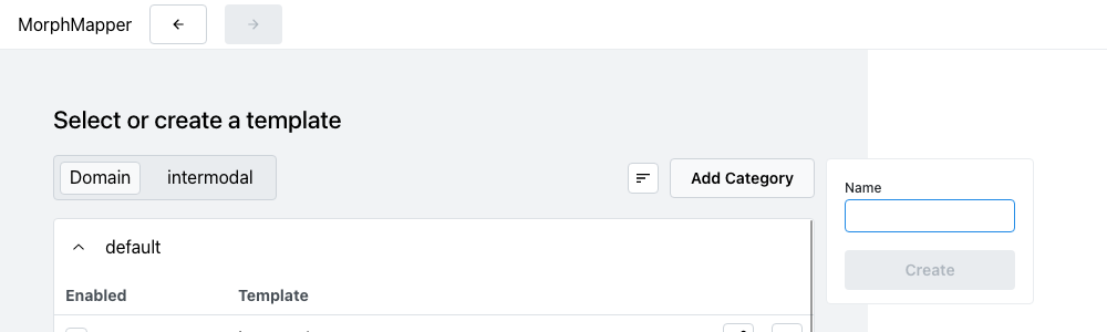 The "Add Category" popover open above the template list, with a Name field and a disabled Create button