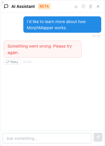 Chat panel showing a sent message and a red error bubble reading "Something went wrong. Please try again." with a Retry button below it