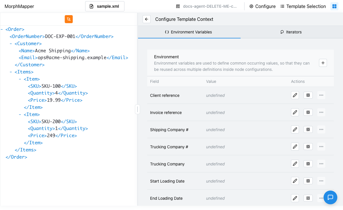 The Configure Template Context screen, with Environment Variables and Iterators tabs; the Environment Variables tab open, listing declared variables like Client reference, Invoice reference, and Trucking Company with an Add button above the table