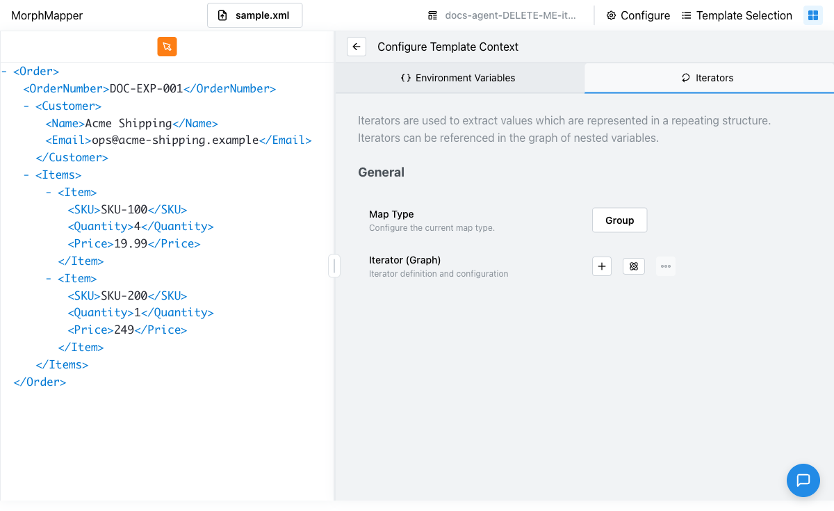 The Iterators tab of the Configure Template Context screen, showing a Map Type of "Group" and an "Iterator (Graph)" section with add, switch-type, and more-actions icons, before any iterator has been built