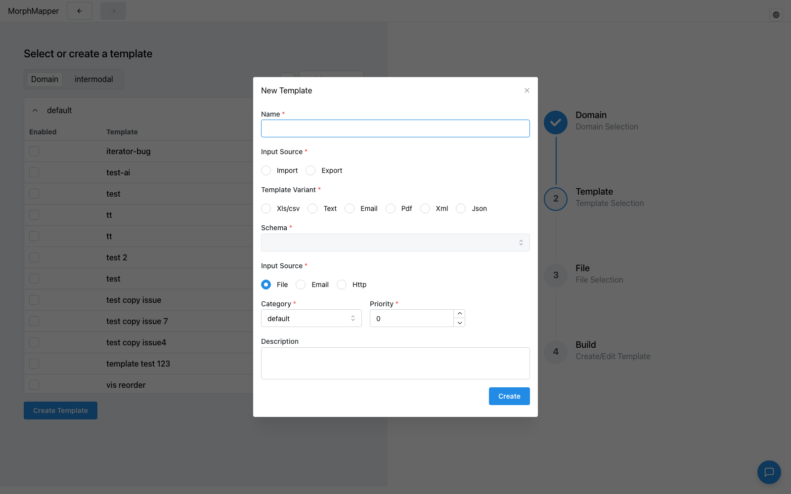 Create Template form with name, type/variant radios, schema select, input source, category, priority, and description fields