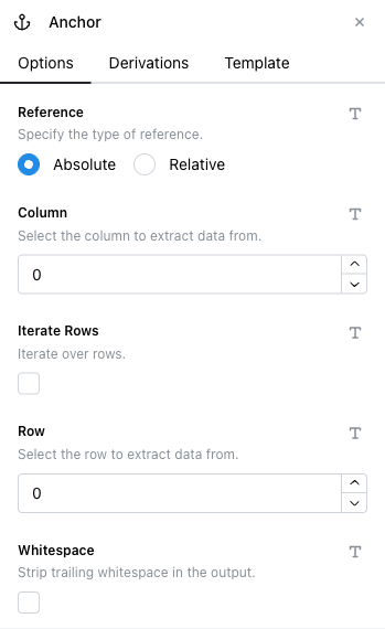 Anchor node's Options tab in a table-based template, showing Reference (Absolute/Relative radio), Column, Iterate Rows, Row, and Whitespace fields
