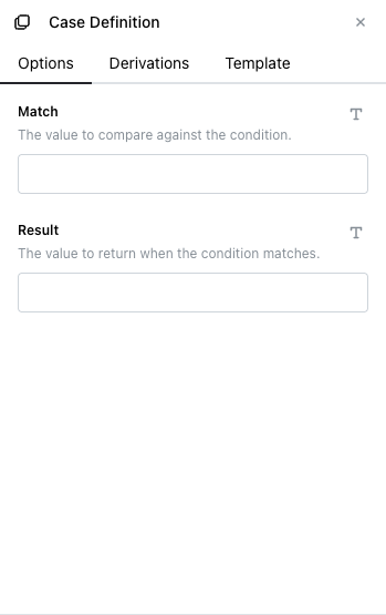 Case Definition node's Options tab with Match and Result text fields, both empty