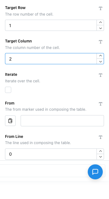 Cell node's Options tab with Target Row set to 1 and Target Column set to 2