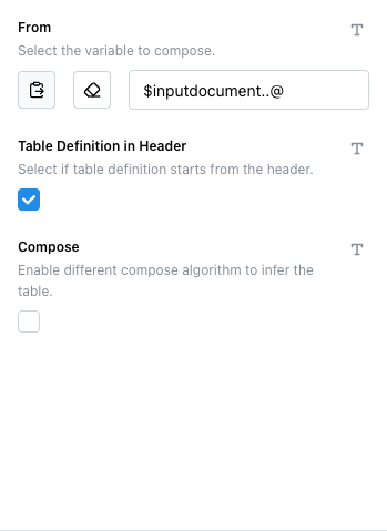 Compose Table Columns node's Options tab with From set to the document root, Table Definition in Header checked, and Compose unchecked