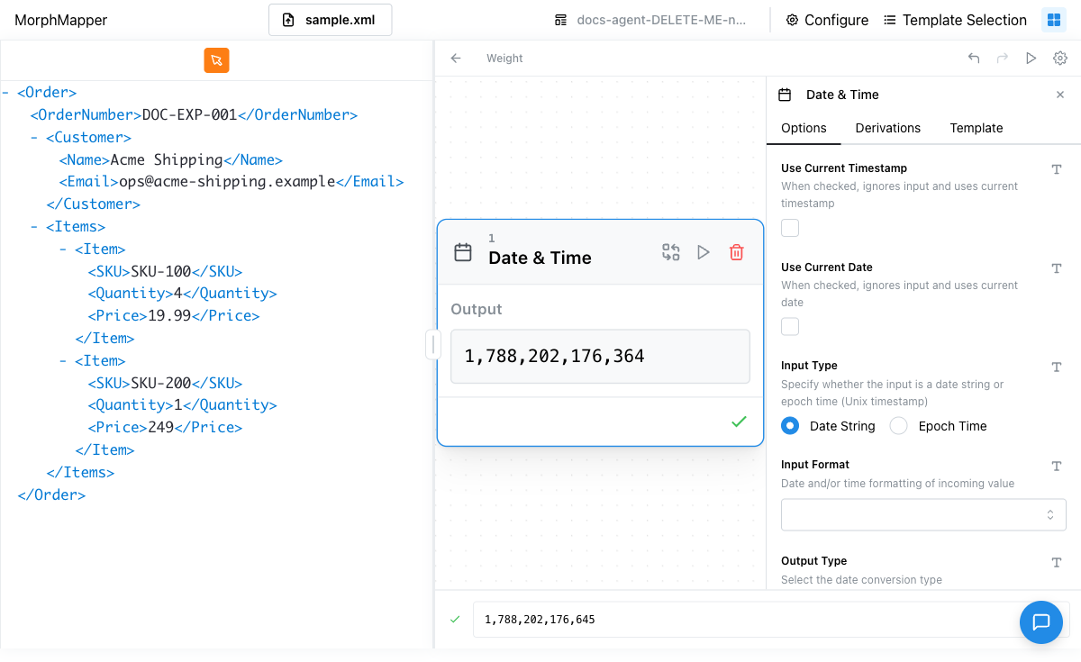 Date & Time node's Options tab with Use Current Date checked, Output Type set to Custom, and Output Format set to "YYYY-MM-DD"