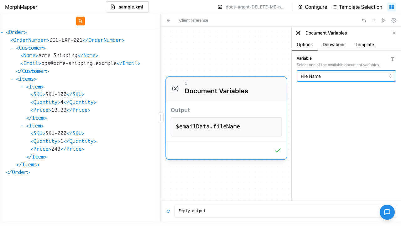 Document Variables node's Options tab with the Variable dropdown set to File Name