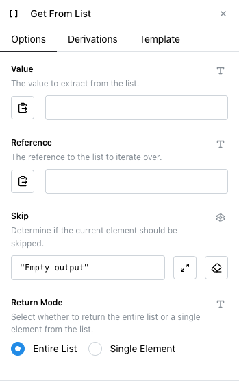 Get From List node's Options tab with Value and Reference both empty, and Return Mode set to Entire List