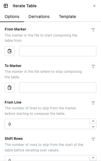 Iterate Table node's Options tab with From Marker, To Marker, From Line, and Shift Rows all left empty/default, and Find By Columns unchecked