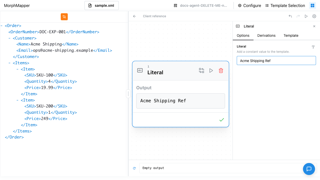 Literal node's Options tab with its Literal field filled in with "Acme Shipping Ref"