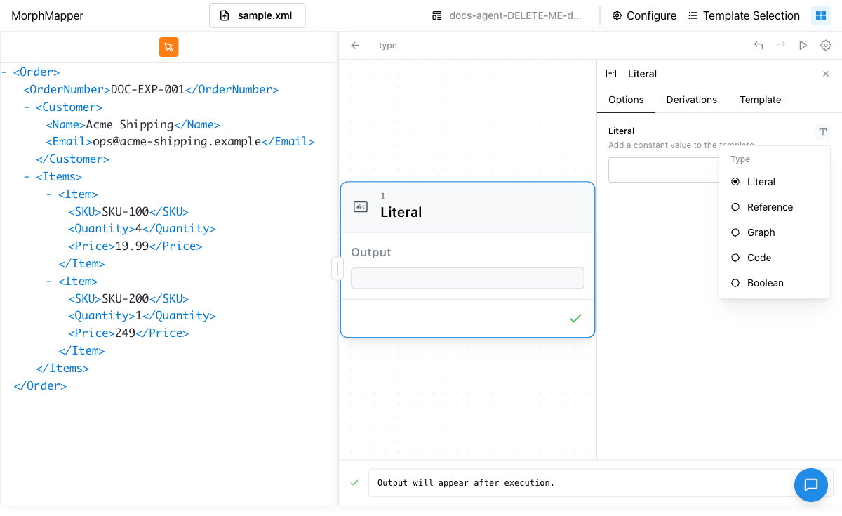 The option type menu open on a Literal node's "Literal" field, showing Literal, Reference, Graph, Code, and Boolean choices