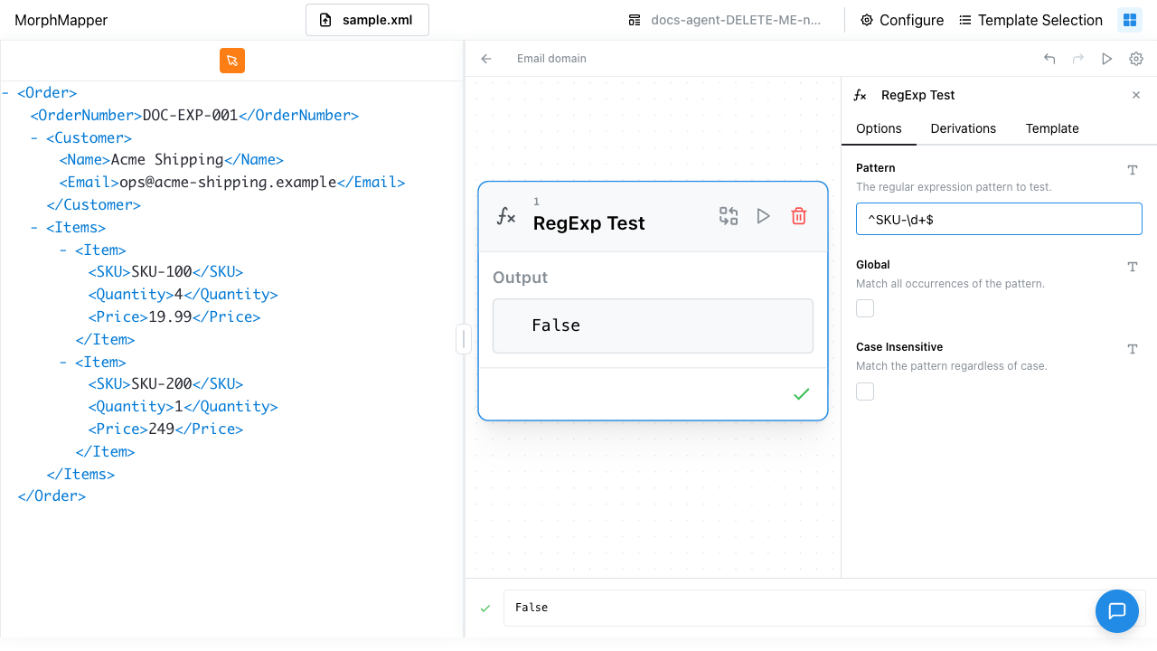 RegExp Test node's Options tab with Pattern set to ^SKU-+$, and Global and Case Insensitive both unchecked