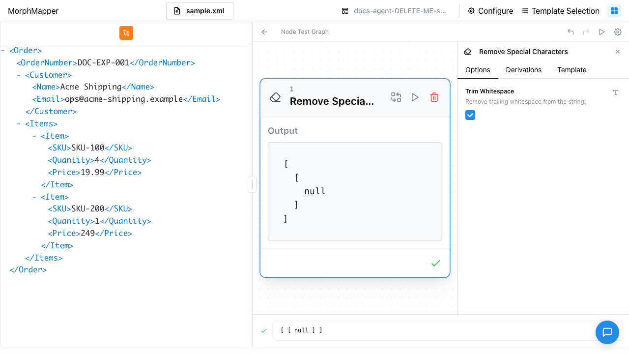 Remove Special Characters node's Options tab with Trim Whitespace checked