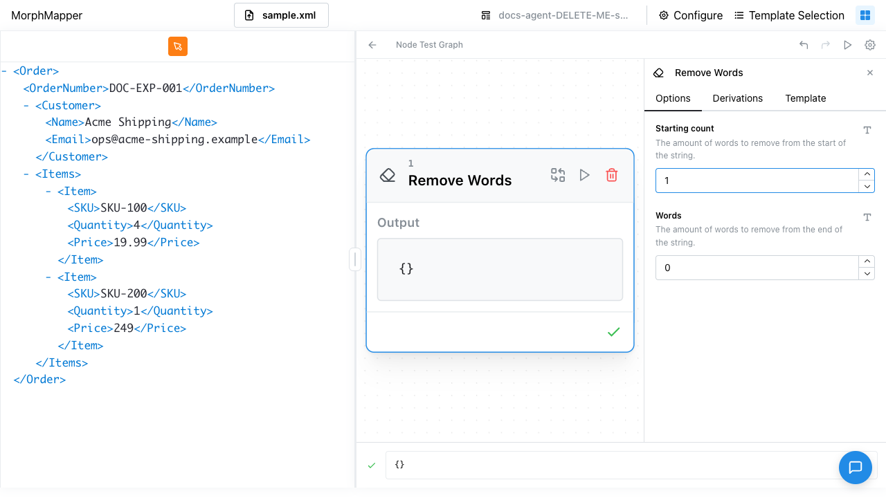 Remove Words node's Options tab with Starting count set to 1 and Words left at 0