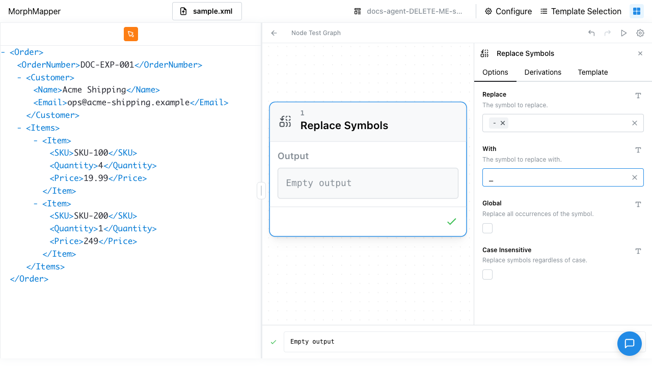 Replace Symbols node's Options tab with Replace set to a "-" chip, With set to a "_" chip, and Global and Case Insensitive both unchecked