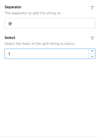 Split node's Options tab with Separator set to "@" and Select set to "1"
