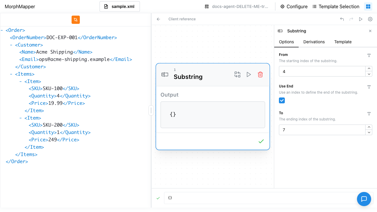 Substring node's Options tab with From set to 4, Use End checked, and To set to 7