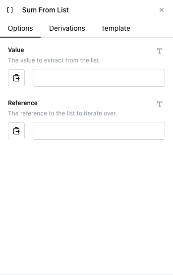 Sum From List node's Options tab with Value and Reference both empty