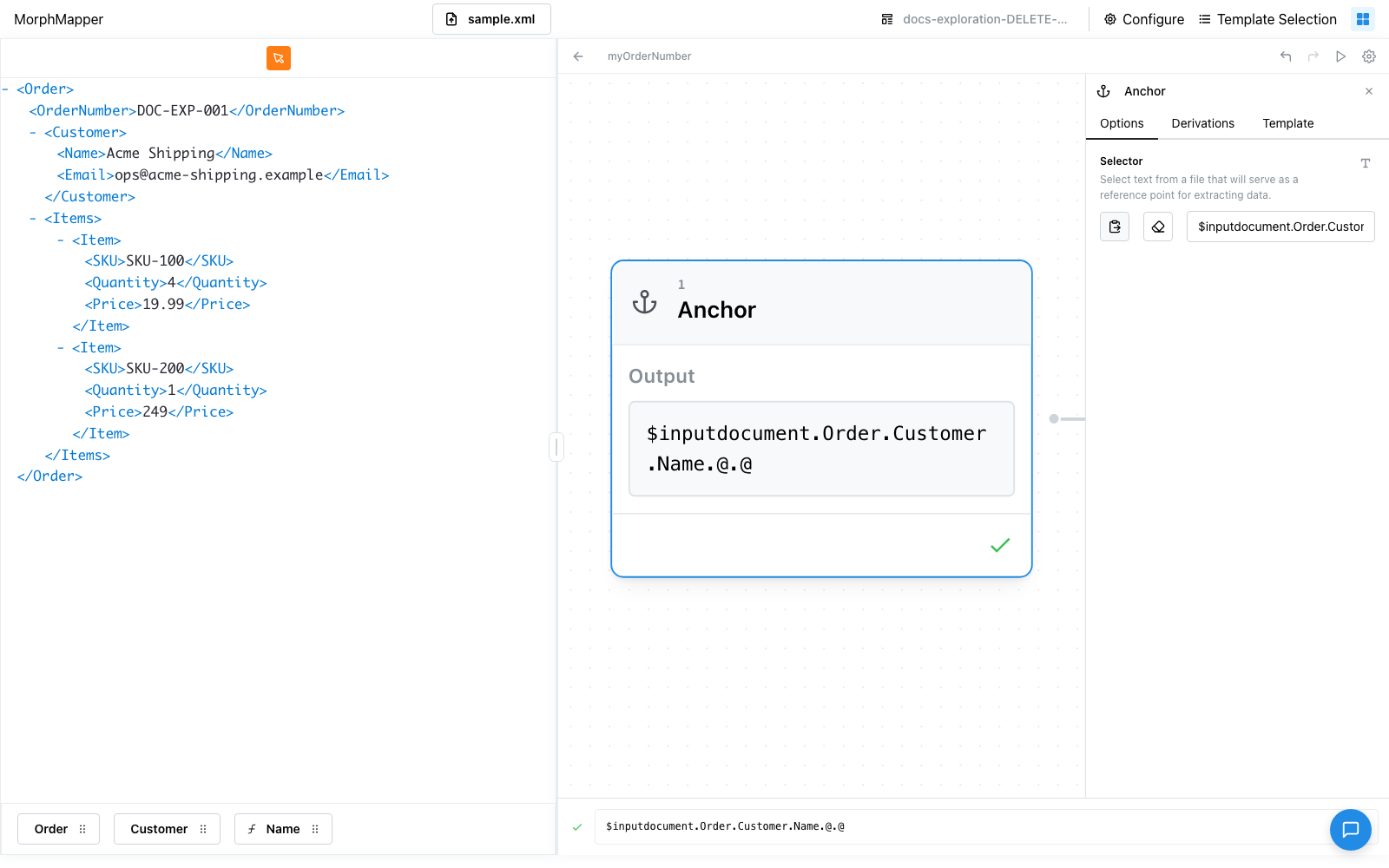 An Anchor node showing a captured value ($inputdocument.Order.Customer.Name.@.@) after selecting text in the file view and clicking the Selector field's clipboard icon, with a green success checkmark