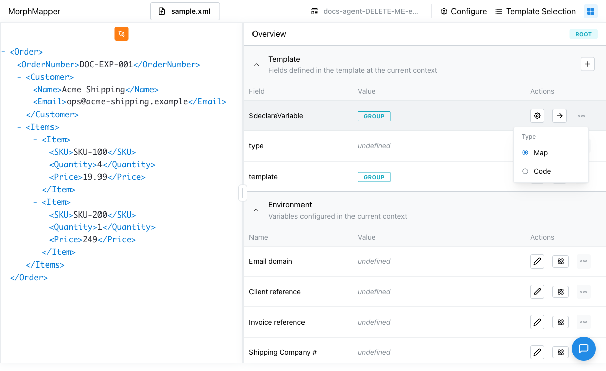 A group row's "..." menu open, showing only a Type section with Map (selected) and Code options — no Copy/Paste/Clear actions