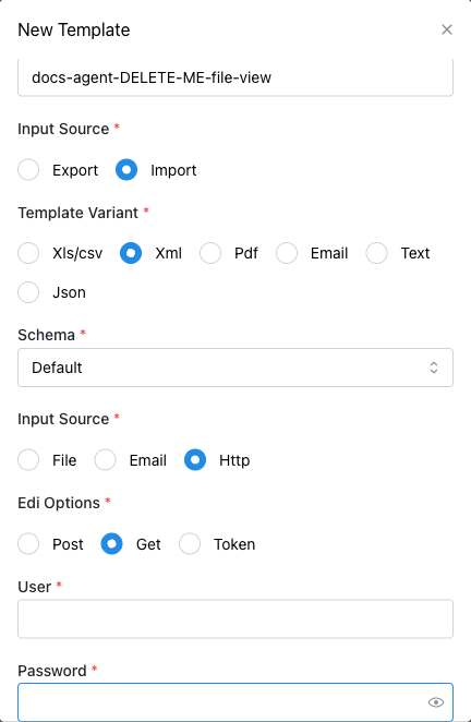 HTTP input source selected with the Get connection method, showing only User and Password fields — no separate token field