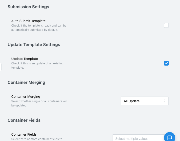 Configure Schema screen for an intermodal Xml import template with Update Template checked, showing Container Merging, Container Fields, and Skip Fields sections that only appear in that state