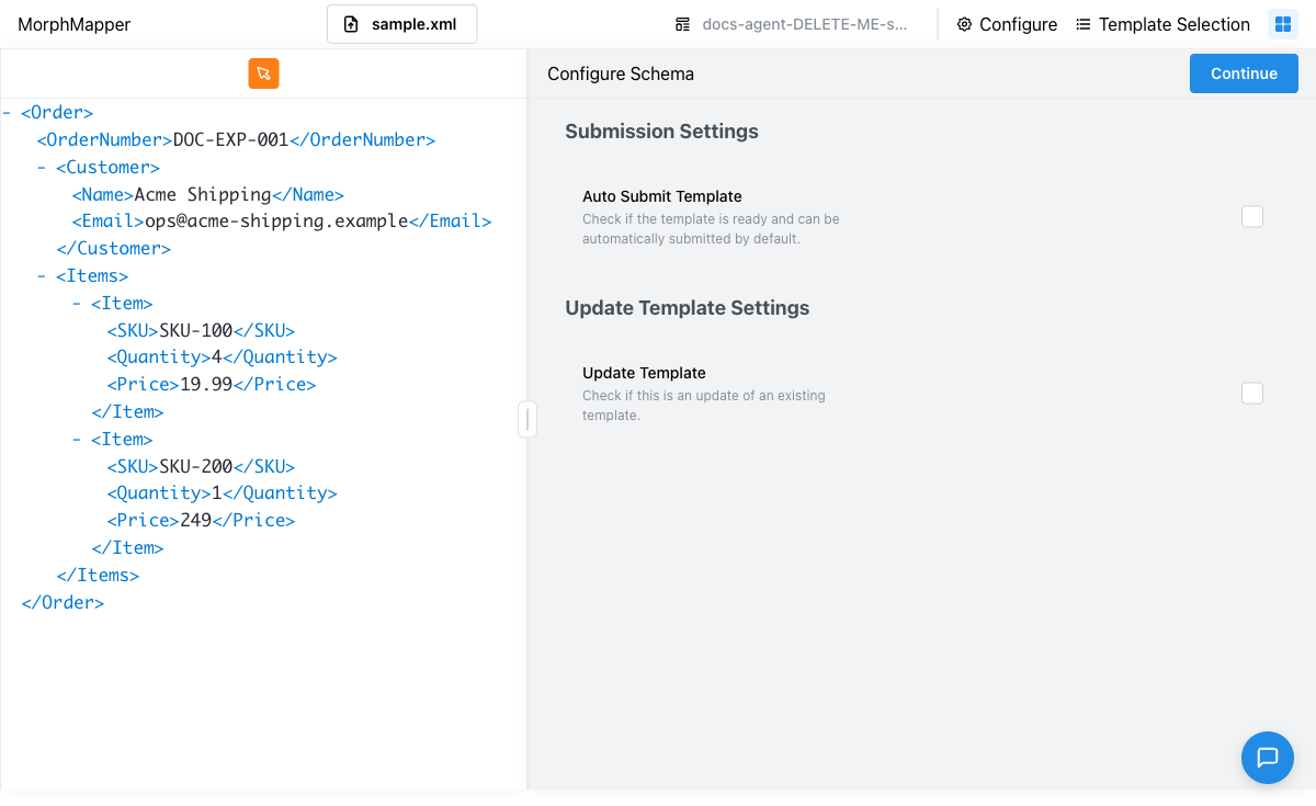 Configure Schema screen for a template with no advanced settings, showing "Submission Settings" and "Update Template Settings" sections, each with a titled checkbox and a short description underneath