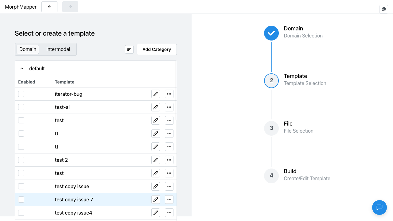 Template selection screen with the default category accordion section expanded showing its templates, and other category sections (test, test23, testt) collapsed to just their header buttons below it