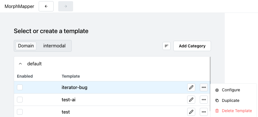The "..." menu open next to a template row, showing Configure, Duplicate, and Delete Template options