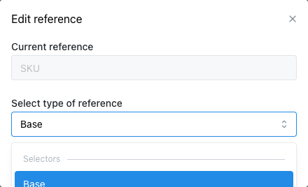 The Edit reference dialog open on an XML SKU breadcrumb pill, with Current reference showing "SKU" and the Select type of reference dropdown open showing Selectors (Base, Array) and Operators (Value, Array)